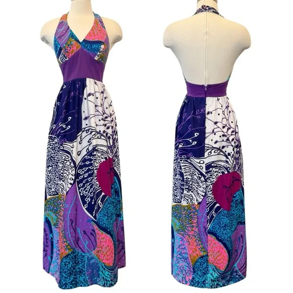 Vintage 60s Cole of California Mod Wild Print Halter Swim Sun Dress Maxi Gown - Picture 2 of 9